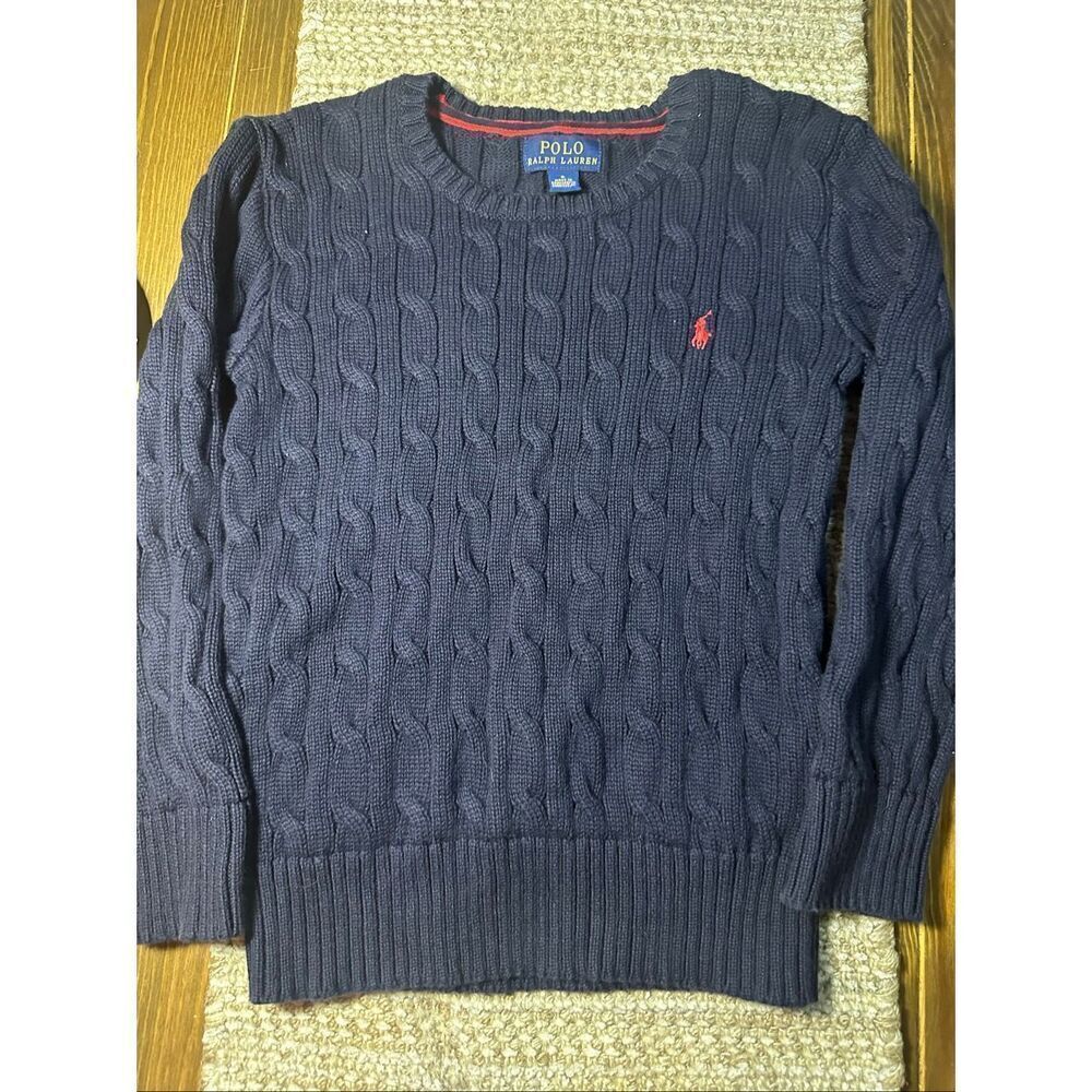 VINTAGE Polo Ralph Lauren Sweater youth Small Navy Blue 6 Cable Knit Crewneck Pr